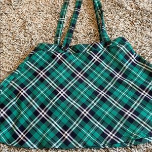 Royal Bones green plaid min skirt with suspenders.
